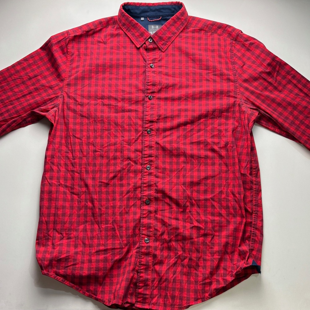 Under Armour Red Gingham Long Sleeve Button Down Shirt‎ Men's 2XL